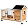 PawHut Wooden Rabbit Hutch with Wheels, Run, Slide-out Tray for Small Animals, Guinea Pig, Yellow