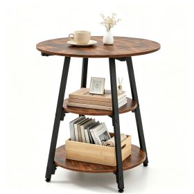 Rustic Brown Black 3Tier Side End Table, Metal Frame Nightstand with 2 Open Storage Shelves
