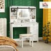 Vanity Desk Set with Mirror and Lights, Cushioned Stool, Storage Drawer, Cabinet, Shelves