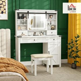 Vanity Desk Set with Mirror and Lights, Cushioned Stool, Storage Drawer, Cabinet, Shelves