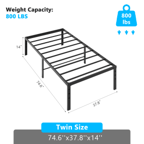 Black Twin Size Simple Basic Platform Metal Bed Frame - 14 Inch Bed Height