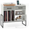 Record Player Stand with Charging Station, Adjustable Shelf & Folding Drawers Vinyl Storage Cabinet-White