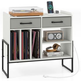 Record Player Stand with Charging Station, Adjustable Shelf & Folding Drawers Vinyl Storage Cabinet-White