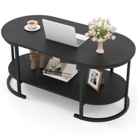 2-Tier Coffee Table with Metal Frame, 100Ã—50Ã—45 cm Robot Vacuum Friendly Accent Table, 88 lbs Capacity for Living Room Office-Black