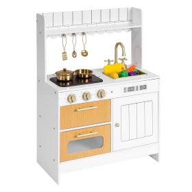 Play Kitchen for Kids, Wooden, Kids Kitchen Playset with Real Lights & Sounds, Food & Cookware Accessories, Pretend Play Toy Set, Sink, Oven, Stove