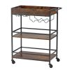 Bar Cart, 3 Tiers Home Kitchen Serving Carts, Industrial Rolling Utility Station on Wheel, Mobile Drink Beverage Shelf with Wine Rack & Glass Holder
