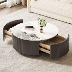Modern Round Movable Coffee Table with Casters, 2 Drawers, Marble Pattern Sintered Stone Top, Grey, 29.5"
