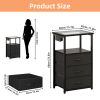 Nightstand End Table with Charging Station, Black 3-Drawer Side Table with RGB LED Light, Glass Top Bedside Table, Fabric Drawers