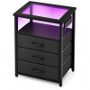 Nightstand End Table with Charging Station, Black 3-Drawer Side Table with RGB LED Light, Glass Top Bedside Table, Fabric Drawers