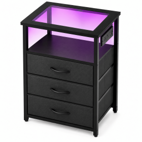 Nightstand End Table with Charging Station, Black 3-Drawer Side Table with RGB LED Light, Glass Top Bedside Table, Fabric Drawers