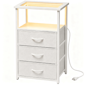 3 Drawer Nightstand with Charging Station, Glass Top End Table with Power Outlets and USB Ports, RGB LED Light Bedside Table with Open Shelf