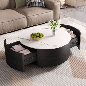 Modern Round Movable Coffee Table with Casters, 2 Drawers, Marble Pattern Sintered Stone Top, Black, 29.5"