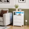 3-Drawer Nightstand with Charging Station, White Wood Grain End Table with Open Shelf and RGB Light Strip