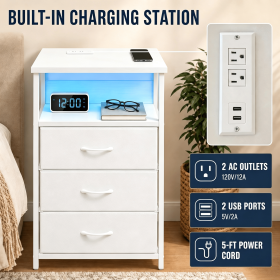 3-Drawer Nightstand with Charging Station, White Wood Grain End Table with Open Shelf and RGB Light Strip