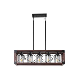32" Red Wood Industrial Farmhouse Rectangle Pendant Light, 5-Light Chandelier with Lampshade for Dining Room, Kitchen Island, Cafe Decor (No Bulbs)