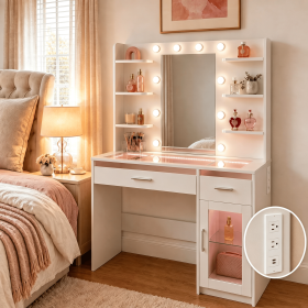 Vanity Desk with Lighted Mirror, Makeup Table with UL-Certified Power Outlet, App-Controlled RGB Light Strip, Storage Shelves, Cabinet and Drawers