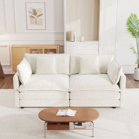 Modern Fabric Loveseat Sofa Couch for Living Room, Upholstered Large Size Deep Seat 2-Seat Sofa with 4 Pillows ,White Chenille