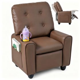 Brown Kids Recliner Sofa with Retractable Footrest, Waterproof PU Leather Toddler Chair with Cup Holder & Side Pockets