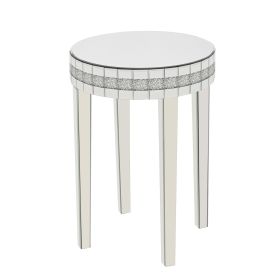 Round Mirror Accent Table, with Silver Mirror Glass Tabletop with Bling Crushed Diamond Edge Frame and Crystal Mirror Legs. End Table for Living Room