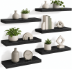 Floating Wall Shelves Set of 6, Black Wood Grain Wall Mounted Shelf with Metal Bracket