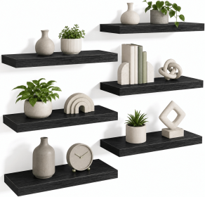 Floating Wall Shelves Set of 6, Black Wood Grain Wall Mounted Shelf with Metal Bracket