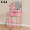 Pink Vanity Desk with Lighted Mirror and Fold-Up Panel, Small Makeup Vanity Table with Fabric Storage Drawers, 3-Tier Shelves