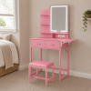 Pink Vanity Desk with Lighted Mirror and Fold-Up Panel, Small Makeup Vanity Table with Fabric Storage Drawers, 3-Tier Shelves