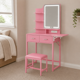 Pink Vanity Desk with Lighted Mirror and Fold-Up Panel, Small Makeup Vanity Table with Fabric Storage Drawers, 3-Tier Shelves