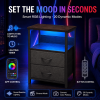 RGB LED Nightstand with Charging Station, 2 Fabric Drawers, Black End Table with Power Outlets & USB Ports for Bedroom