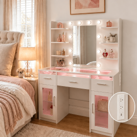 Vanity Desk with Lighted Mirror, 10 LED Bulbs, RGB Lighting with App Control, 3 Drawers, 2 Cabinets, 6 Open Shelves, Acrylic Top