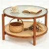 Walnut Boho 2Tier Round Coffee Table, PE Rattan Accent Side Table with Tempered Glass Top