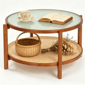 Walnut Boho 2Tier Round Coffee Table, PE Rattan Accent Side Table with Tempered Glass Top