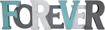 Forever Wood Signs in Grey Teal White Multicolor - Wooden Cutout Rustic Freestanding Script Decor for Shelf Mantels - 3D Thick Retro Aqua Forever Stac