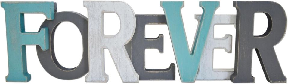 Forever Wood Signs in Grey Teal White Multicolor - Wooden Cutout Rustic Freestanding Script Decor for Shelf Mantels - 3D Thick Retro Aqua Forever Stac