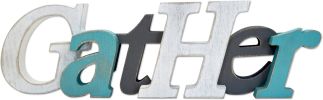 Grey Teal White Gather Signs for Home Decor - Farmhouse Rustic Kitchen Dining Room Freestanding Letters Block 16x5 Inches