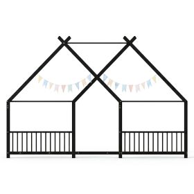 Full Size Metal House Bed Frame, Montessori Floor Bed with Safety Side Guard Rails, No Box Spring Needed