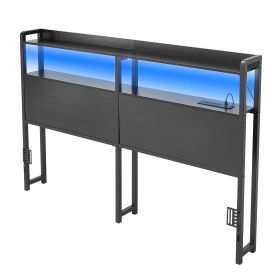 Headboard for Queen Size Bed, with 2 Storage Shelves, LED Light, 3 Outlets, and 3 USB Ports