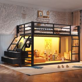 Twin over Twin bunk Bed with Storage Shelves and Drawers, Metal Bunk Bed with LED Lights for Teens, No Box Spring Need.Black