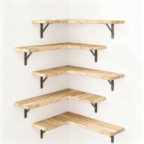 Corner Floating Shelves Set of 5, Matte Wood Finish Corner Wall Shelves with Triangle Iron Brackets, Rustic Wood Display Shelf for Bedroom, Bathroom