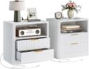 Fluted Night Stand Set of 2, Modern Nightstand with Charging Station, Drawers and Open Shelves - Bedside Table Wood Side Table Set for Bedroom, White