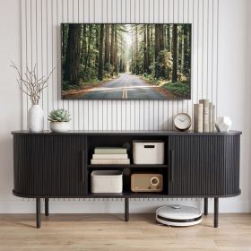 Black Embossed Particle Board TV Stand, Oval Tabletop 147Ãƒâ€”35Ãƒâ€”58cm, Entertainment Center with Slatted Sliding Doors