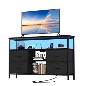 TV Stand with Power Outlets and LED Light for 43-inch TV, Double-layer 4 Fabric Drawers for Living Room/Bedroom, Black