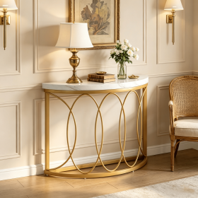 43 Inch Faux Marble Console Table Half Moon Sofa Entryway Table for Living Room Bedroom Hallways Decor