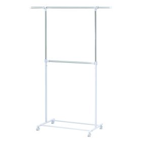 2-Shelf Garment Drying Clothes Rack - Adjustable Height, Locking Wheels, Metal, Silver/White - Closet Organization