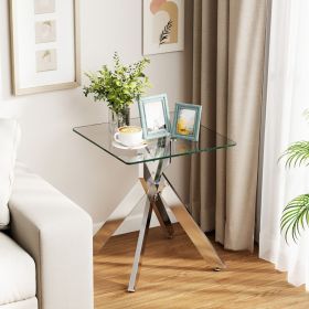 Glass Side Table Square End Table with Tempered Glass Top and Metal X Base