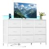 9-Drawer Fabric Dresser with Power Outlets & LED Light, Multifunctional TV Stand Storage Cabinet for Bedroom, Living Room, Office & Hallway, White