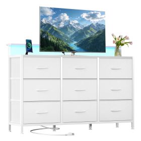 9-Drawer Fabric Dresser with Power Outlets & LED Light, Multifunctional TV Stand Storage Cabinet for Bedroom, Living Room, Office & Hallway, White