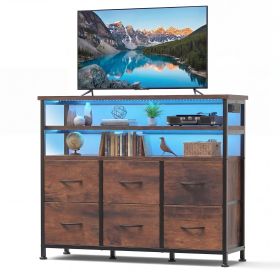 6-Drawer Fabric Dresser with Power Outlets and LED Light, TV stand for Bedroom, Living Room, Hallway, Rust
