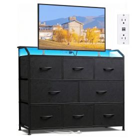 8-Drawer Fabric Dresser with Power Outlets & LED Light, Multifunctional TV Stand Storage Cabinet for Bedroom, Living Room, Office & Hallway, Black