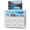 6-Drawer Fabric Dresser with Power Outlets and LED Light, Storage Organizer and TV Stand for Bedroom, Living Room, Hallway, White
